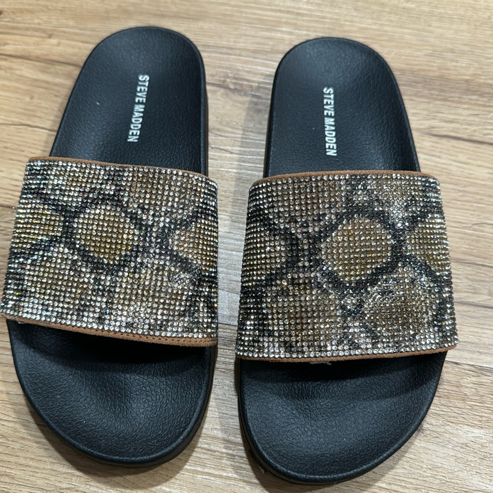 Steve Madden Black Slides with Gold and Silver Rhinestone Snake-Print Strap